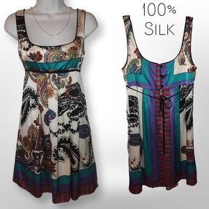 Single Dress Y2K Style 100% Silk Mini Dress, Size M, White Turquoise, Pu…